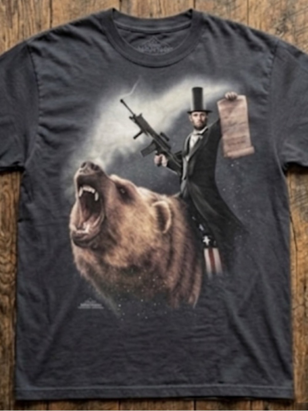 The Mountain Black Graphic Tee with Bear and Historical Figure